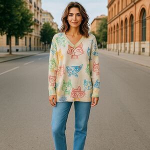 FFF Boutique Pale Yellow Kitty Cat Head Design Pullover Sweater Size Large NWT